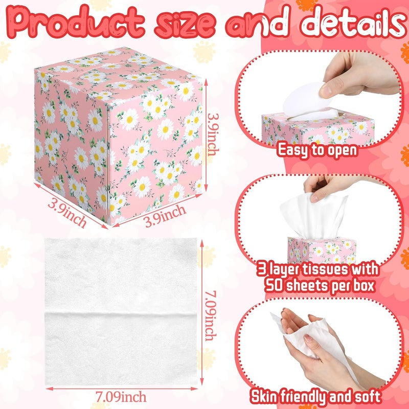 Fourluoo 12 Pack Summer Daisies Floral Facial Tissues Cube Boxes 600 Sheets 3 Ply Pink Small Flower Face Tissues Bulk for Summer Car Bedroom Supplies - Image 3